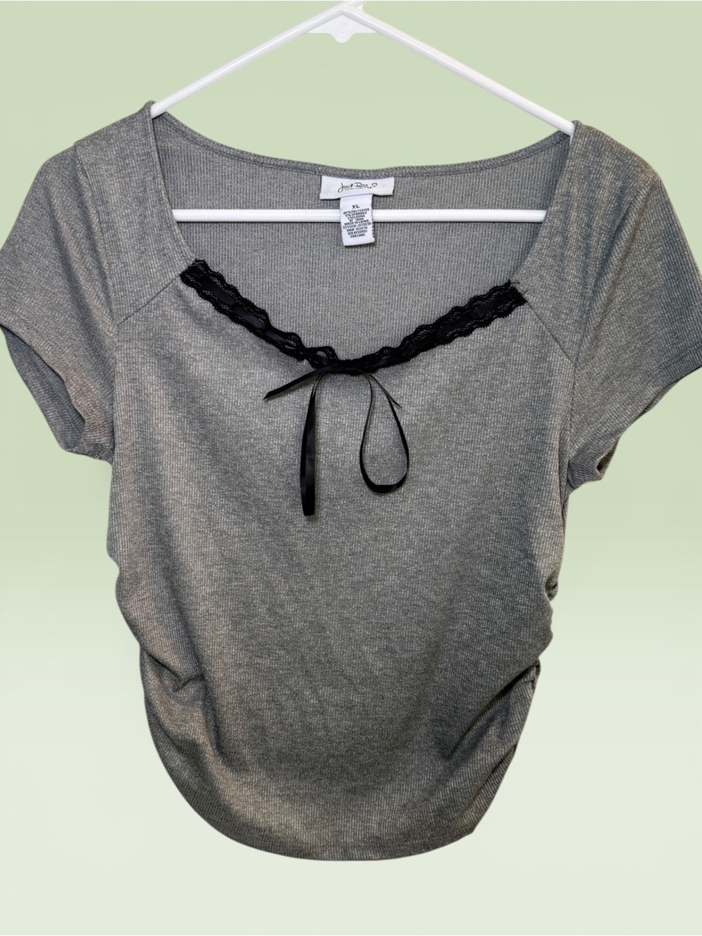 Just Polly Grey Ribbed Lace Trim Tie Top XL EUC
